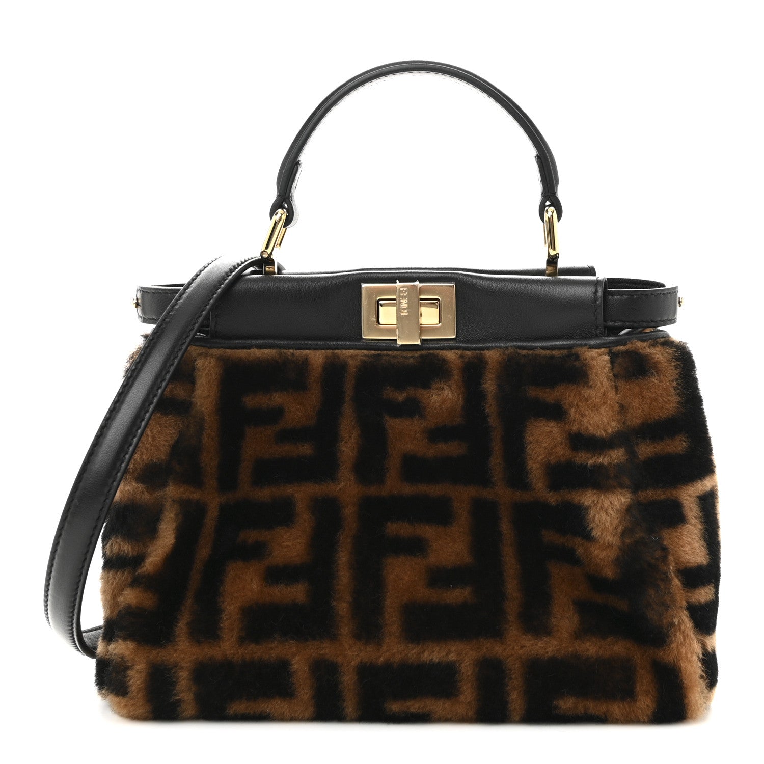 Fendi Shearling Nappa Macro FF 1974 Mini Peekaboo Iconic Satchel Tobacco Black 1 of 9