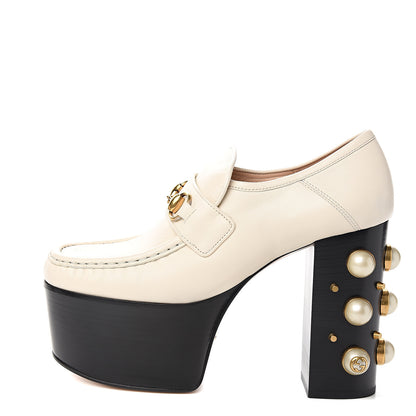 Gucci Malaga Kid Pearl Studded Vegas Platform Loafers 38.5 Mystic White 1 of 10