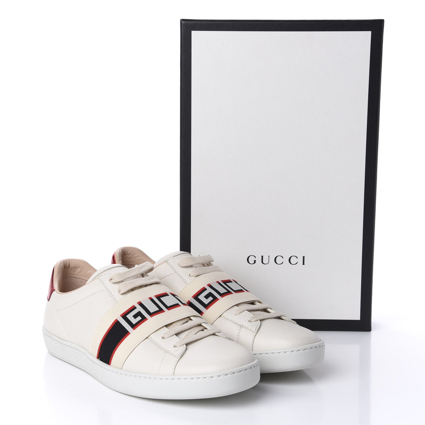 Calfskin Stripe Womens New Ace Sneakers 37.5 New Mystic White Ecru Red Flame