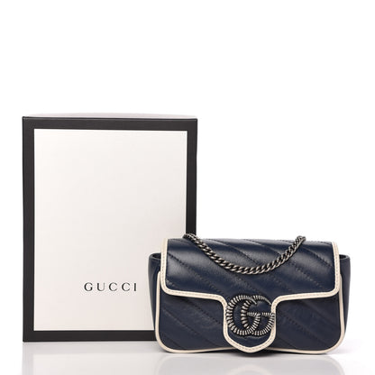 Gucci Vintage Effect Calfskin Matelasse Diagonal Super Mini Torchon GG Marmont Shoulder Bag Blue Agata Mystic White 11 of 11