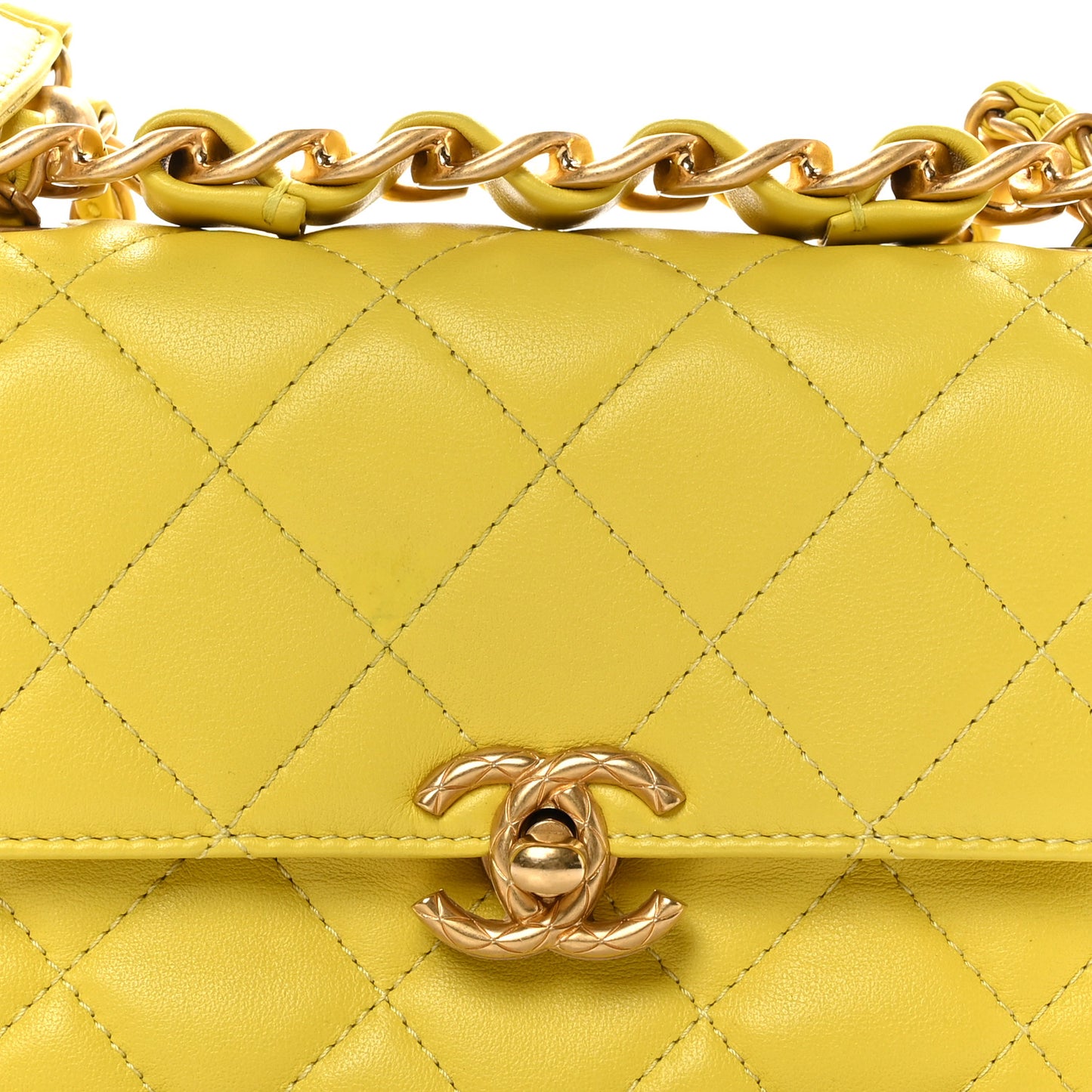 Lambskin Quilted CC Chain Bar Top Handle Flap Yellow