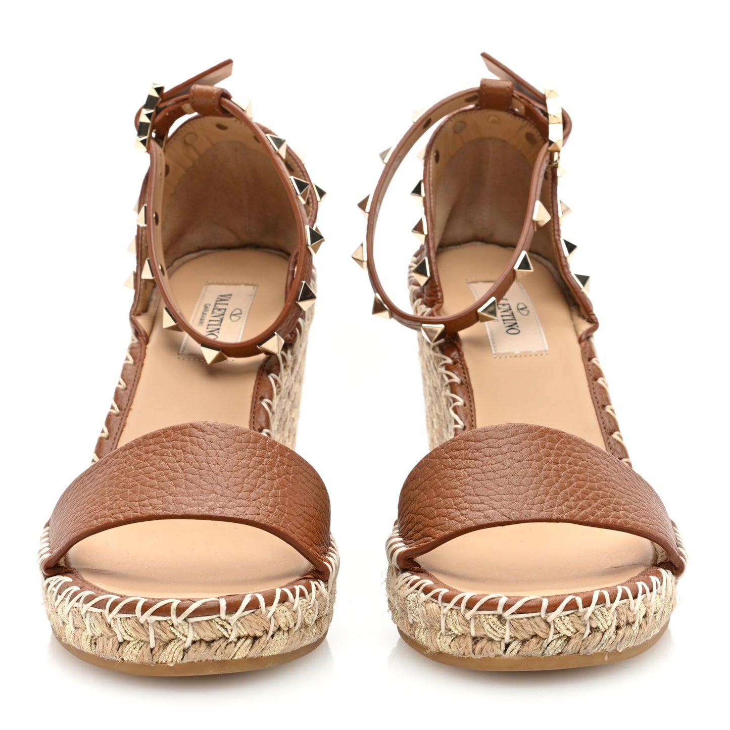 Grained Calfskin Rockstud Ankle Strap Espadrille 15/105mm Wedge Sandals 37 Cuoio Natural