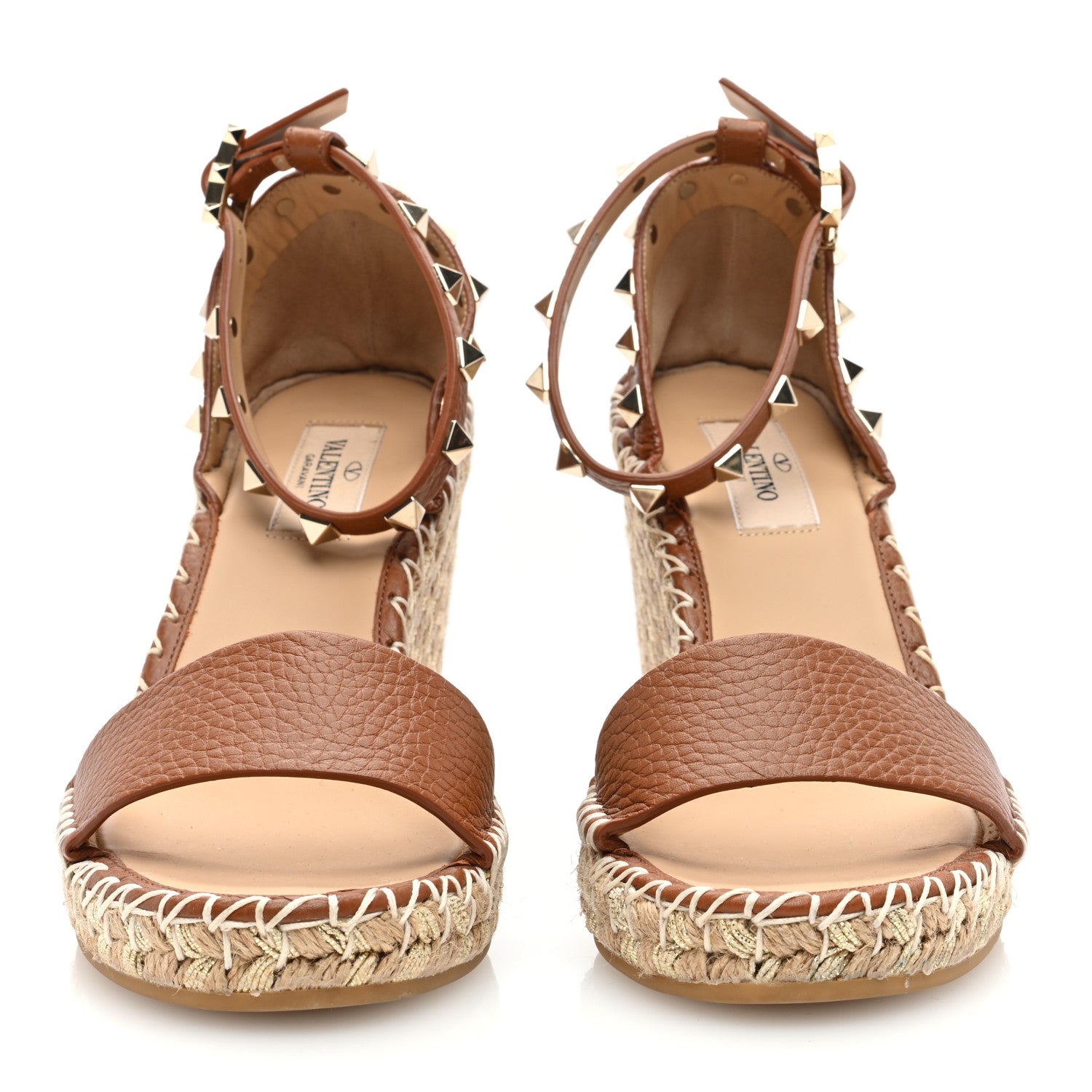 Valentino Garavani Grained Calfskin Rockstud Ankle Strap Espadrille 15/105mm Wedge Sandals 37 Cuoio Natural 3 of 7
