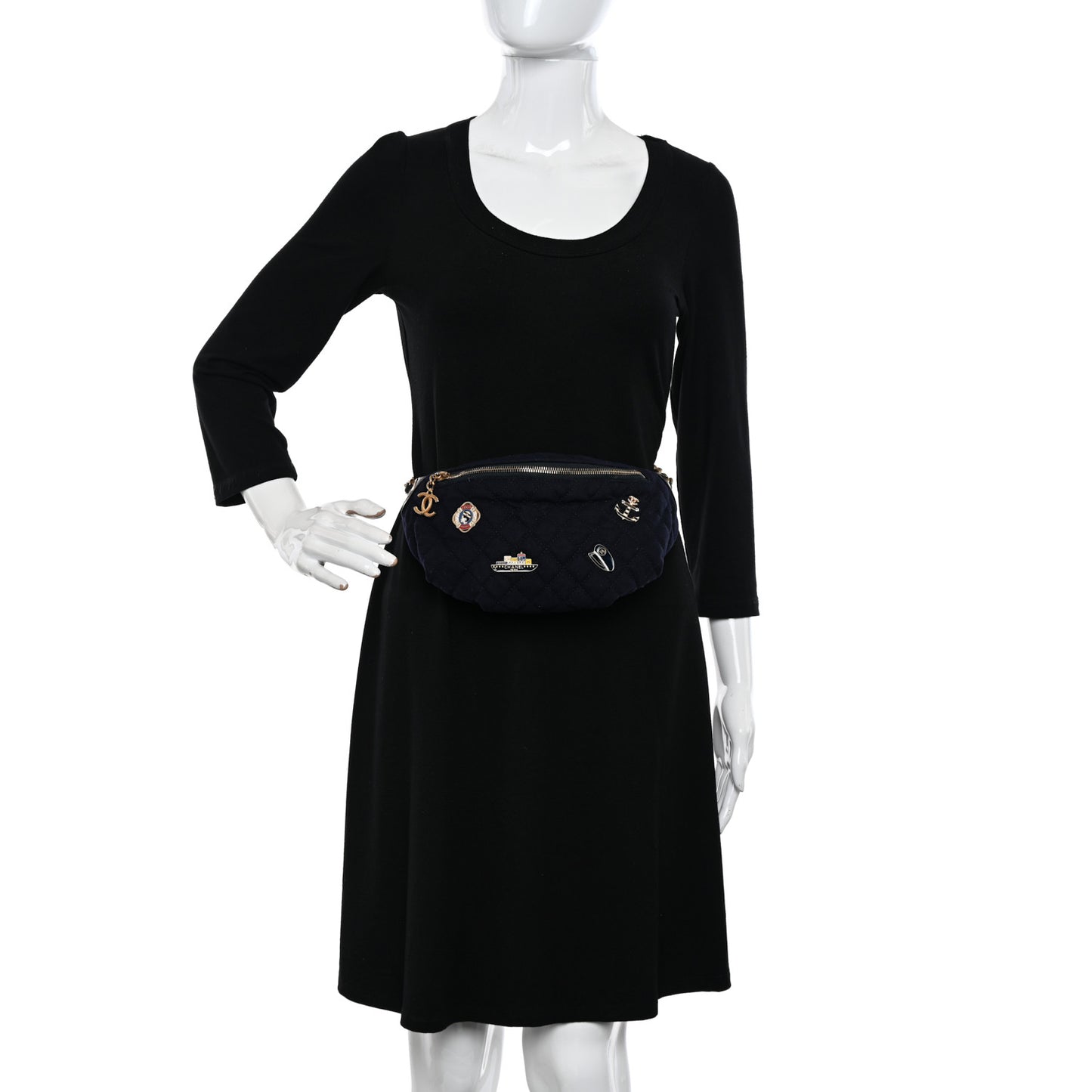 Wool Lambskin Quilted Paris Hamburg Charms Waist Bag Dark Navy