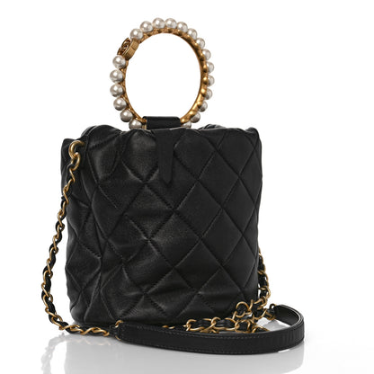 Chanel Lambskin Quilted Pearl Crown Drawstring Bag Black 3 of 8