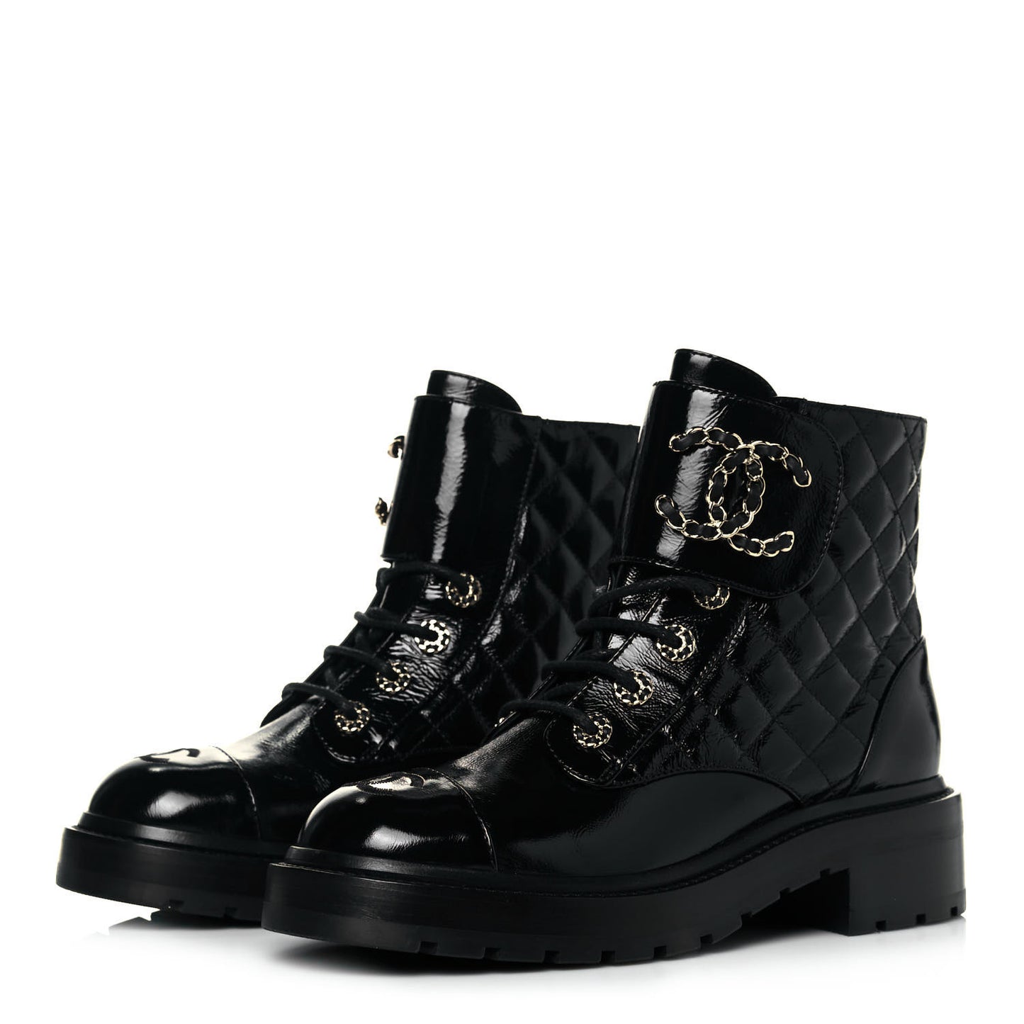 Shiny Calfskin Quilted Lace Up Combat Boots 37 Black