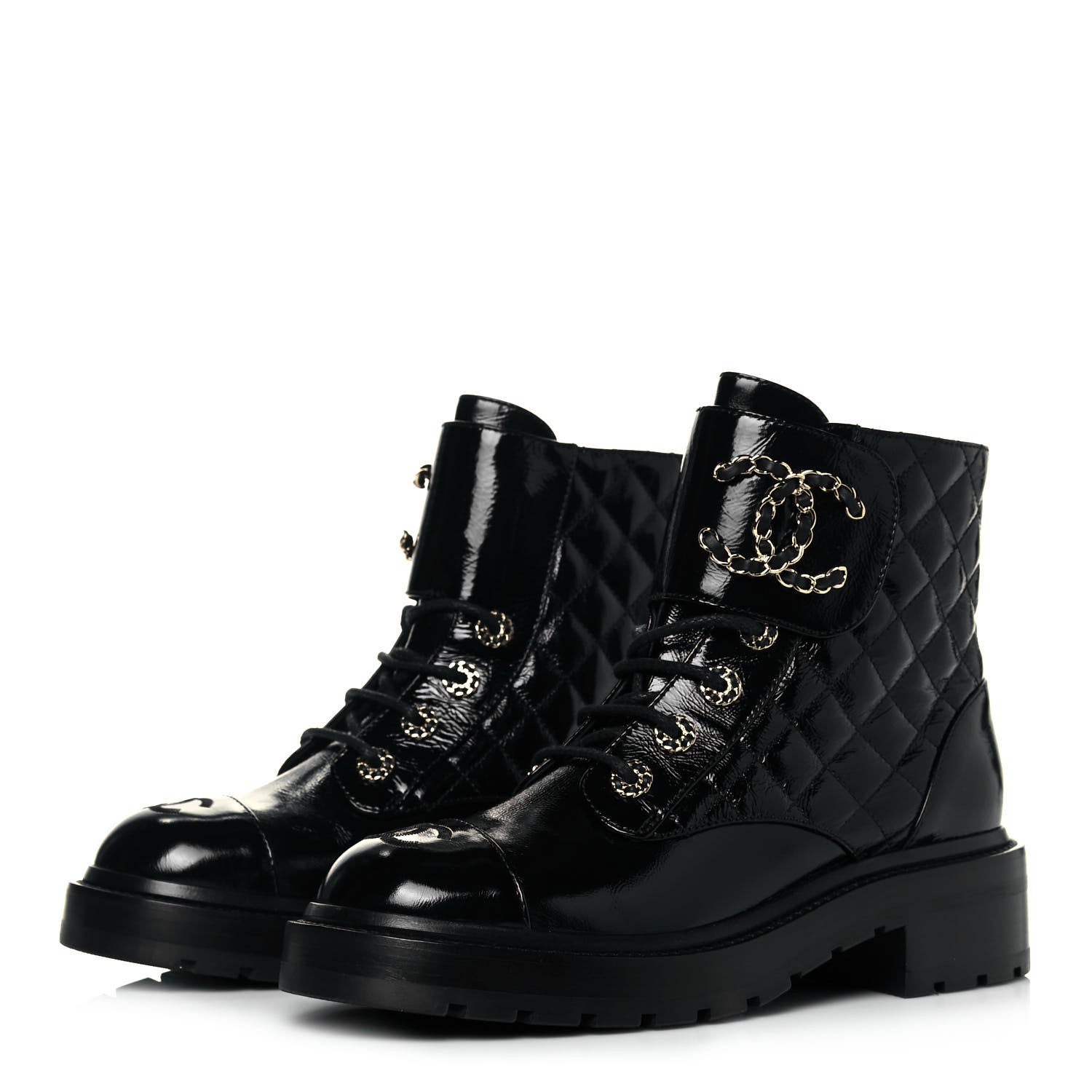 Chanel Shiny Calfskin Quilted Lace Up Combat Boots 37 Black 3 of 7
