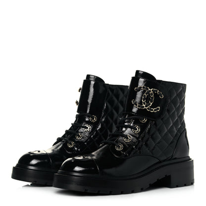 Chanel Shiny Calfskin Quilted Lace Up Combat Boots 37 Black 3 of 7