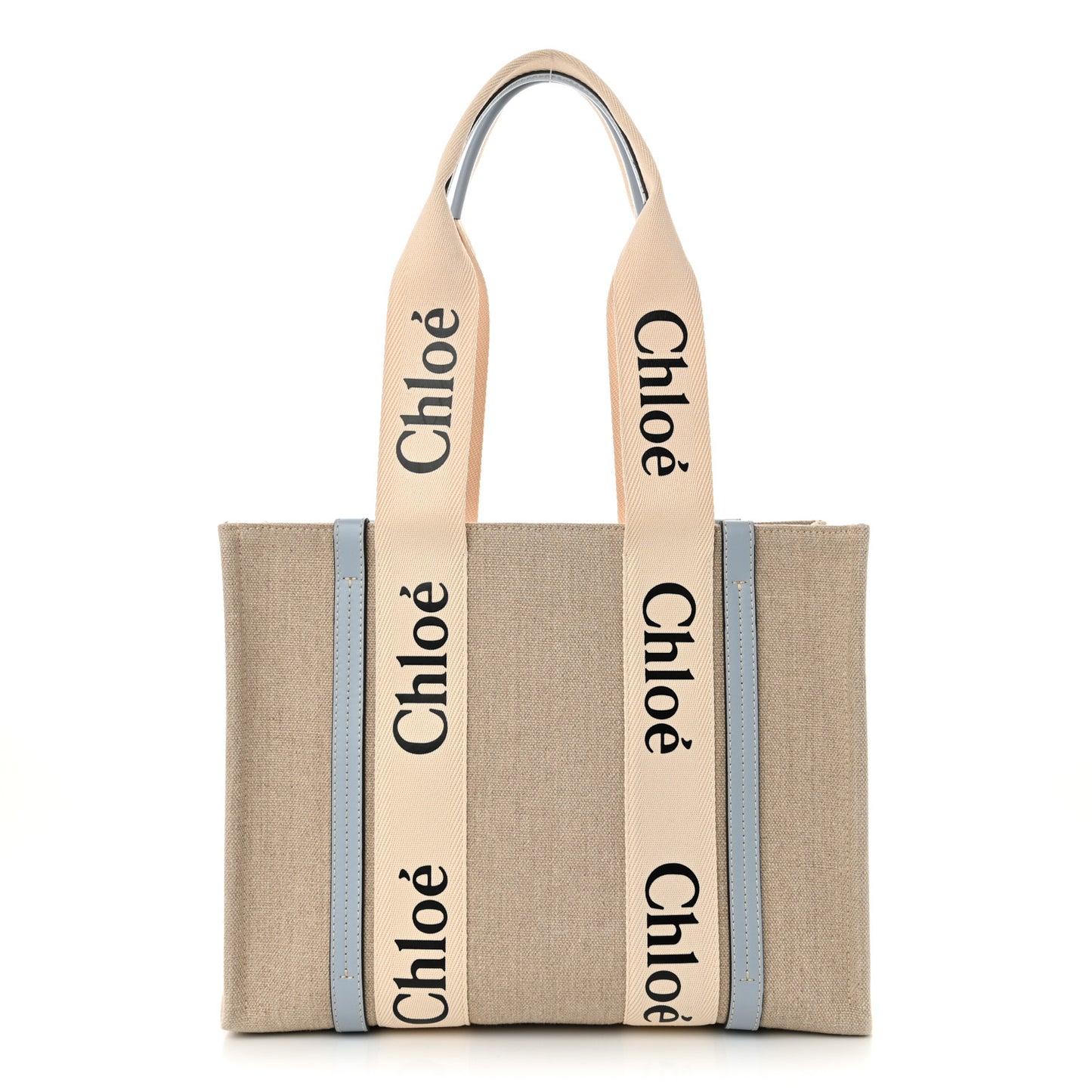 Linen Calfskin Medium Woody Ribbon Tote White Light Blue