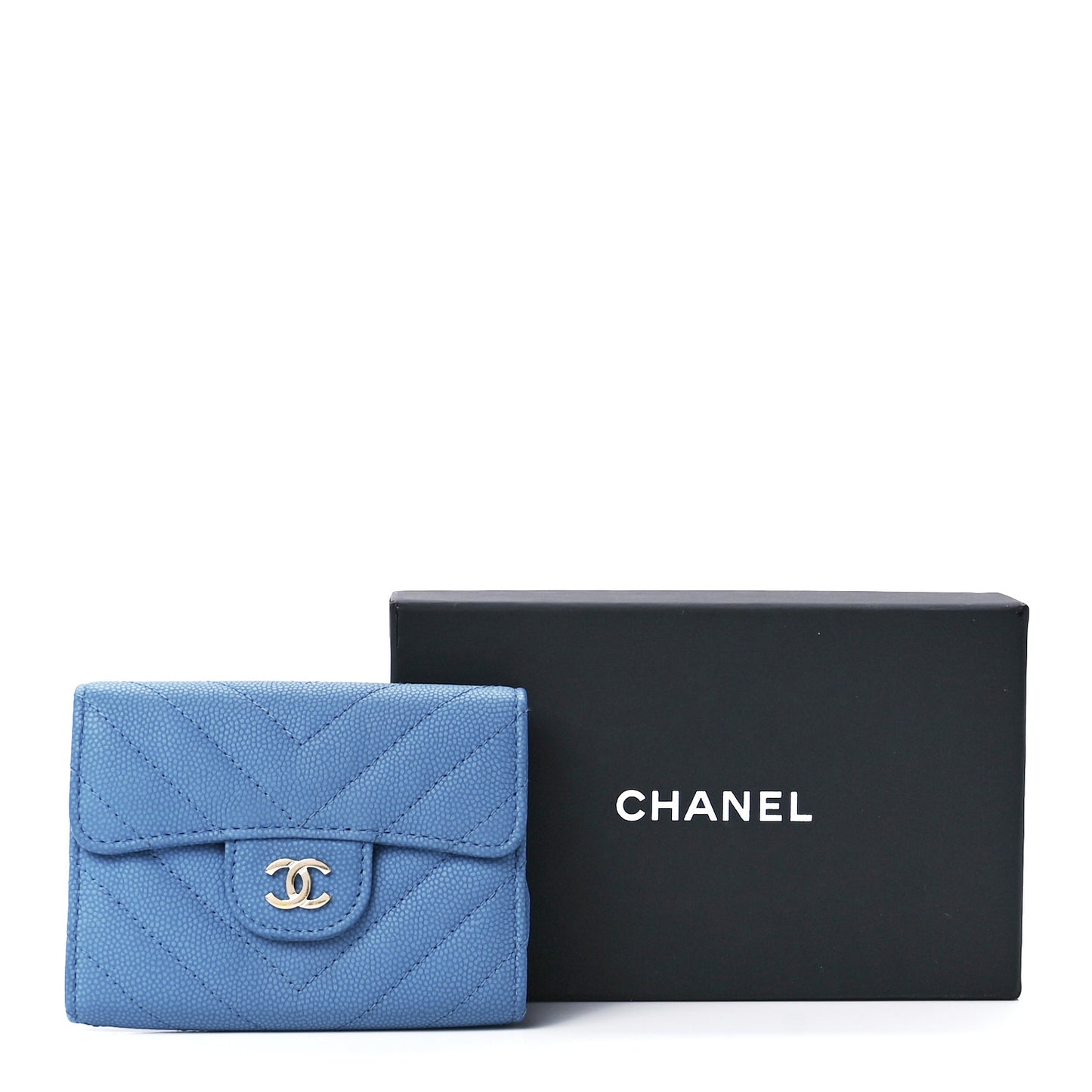 Caviar Flat Chevron Quilted Flap Card Holder Wallet Blue