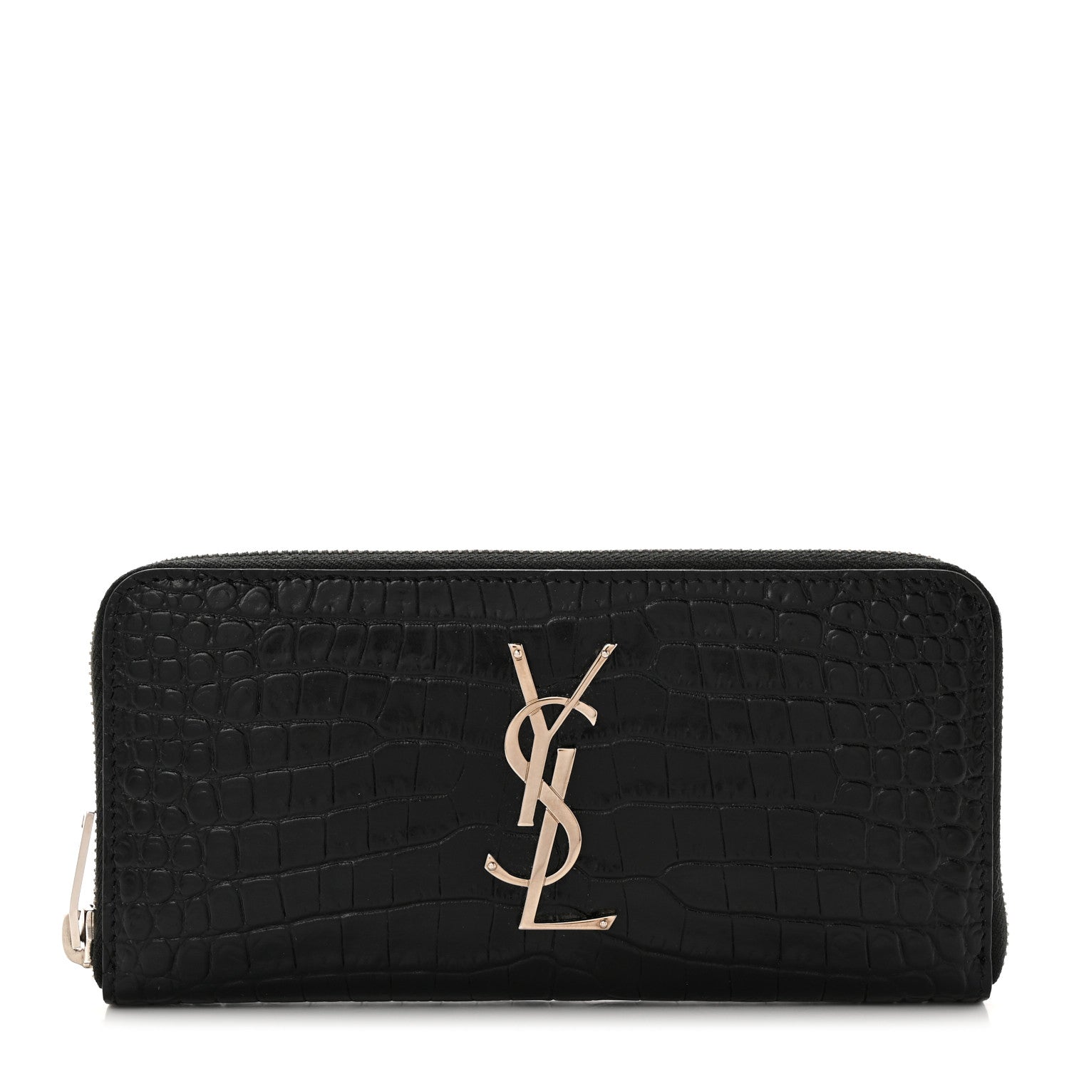 Saint Laurent Calfskin Crocodile Embossed Monogram Zip Around Wallet Black 1 of 7