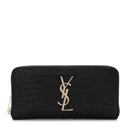 Saint Laurent Calfskin Crocodile Embossed Monogram Zip Around Wallet Black 1 of 7