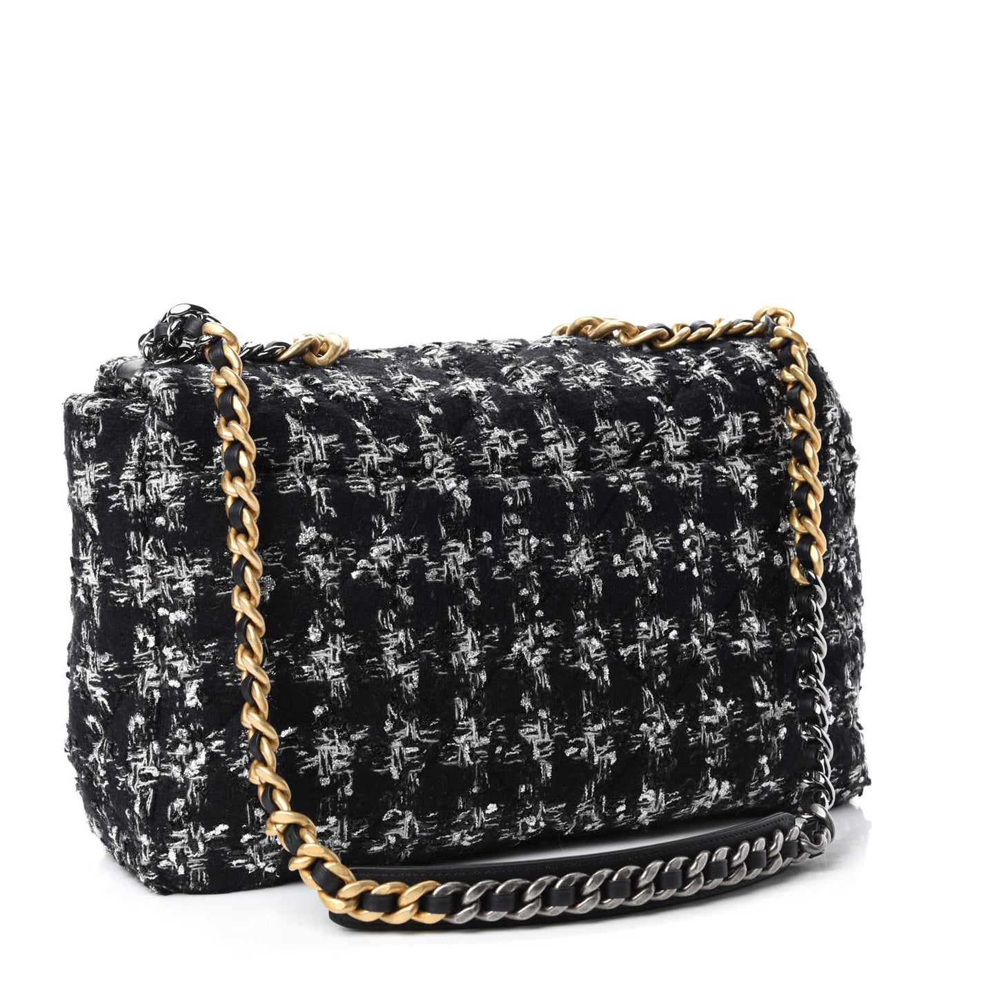 Tweed Quilted Maxi Chanel 19 Flap Black Silver Ecru