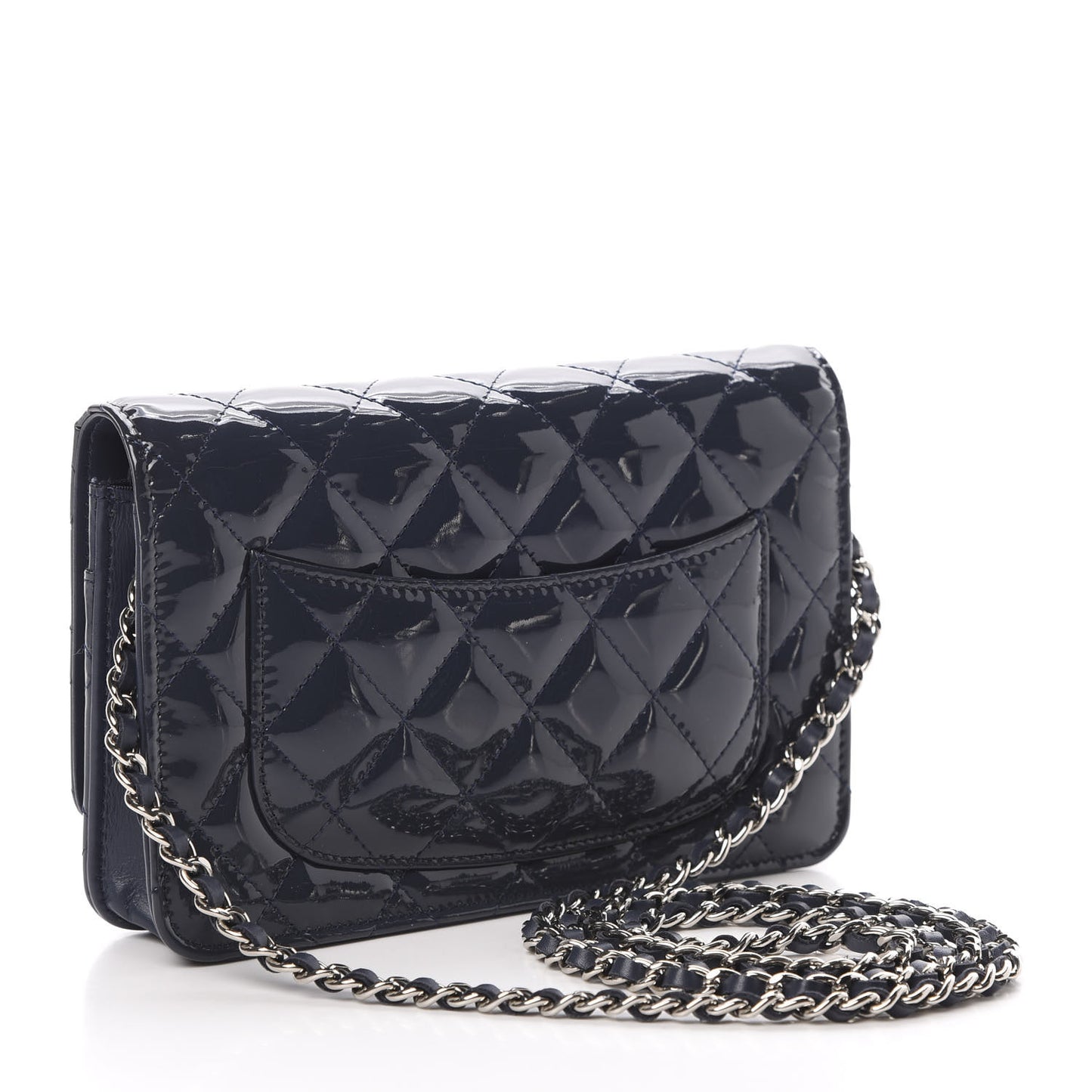 Patent Quilted Wallet On Chain WOC Navy Blue