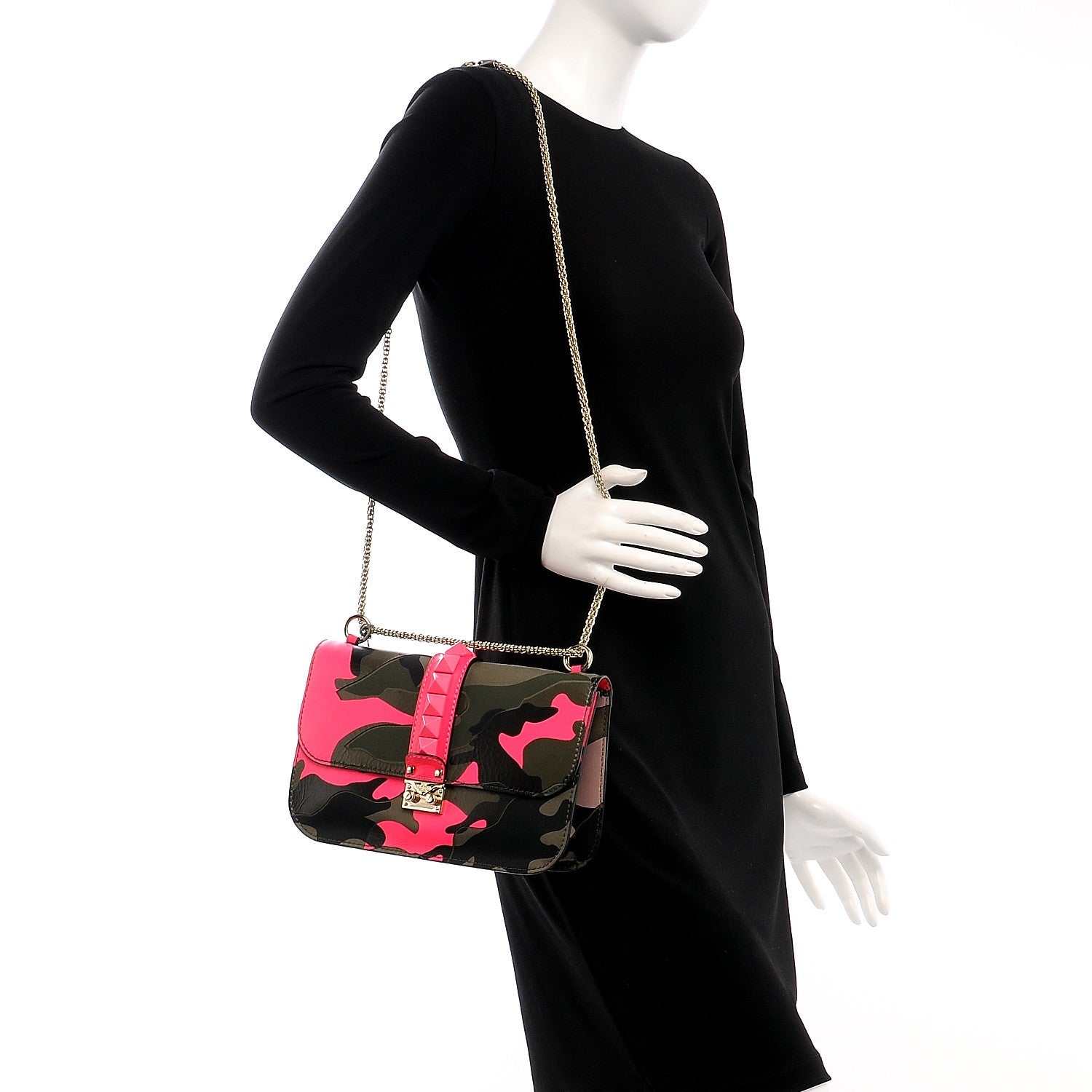 Valentino Garavani Nappa Canvas Camouflage Medium Glam Lock Rockstud Flap Fuxia Fluo 2 of 7