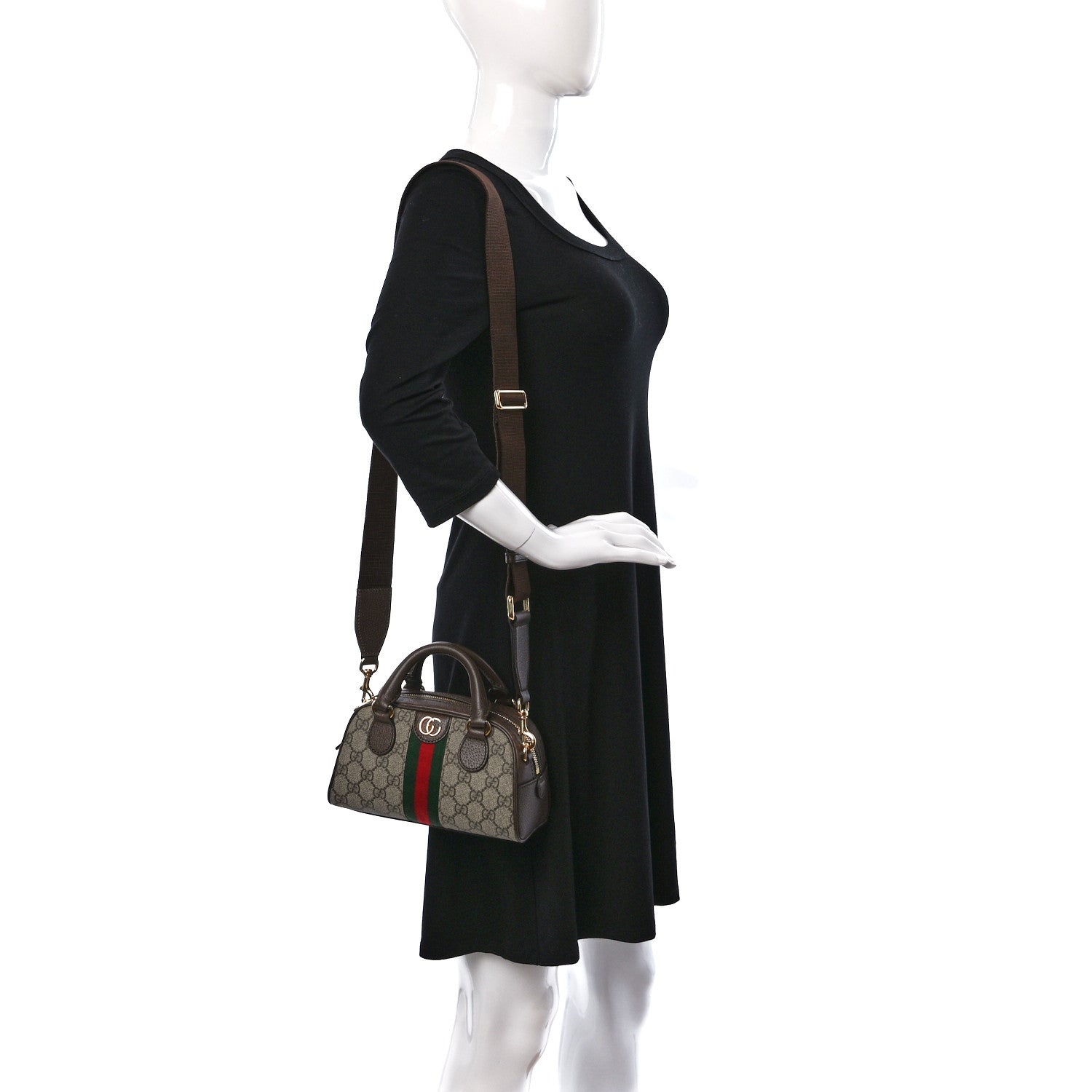 Gucci GG Supreme Monogram Textured Dollar Calfskin Web Mini Ophidia Top Handle Bowler Bag Beige Ebony New Acero 2 of 9