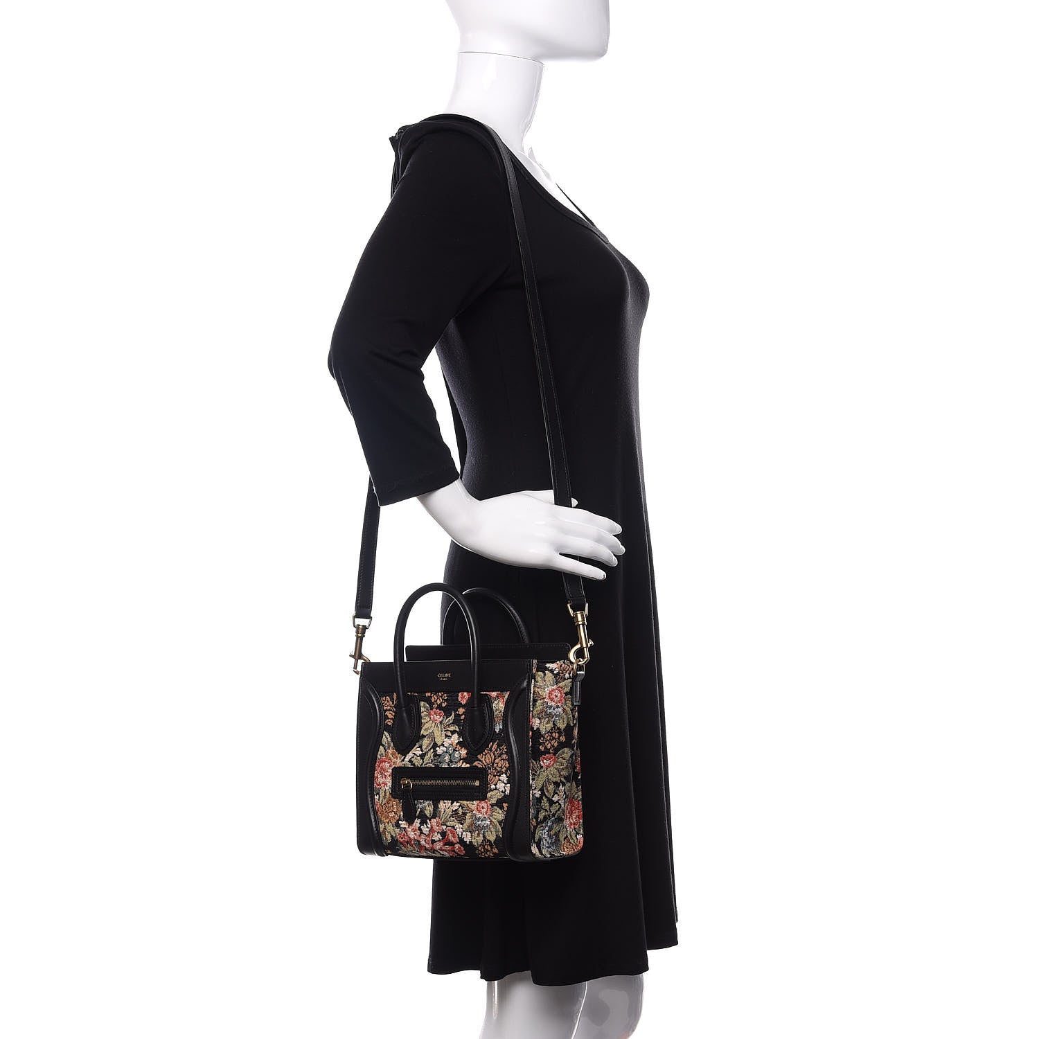 Celine Calfskin Lambskin Canvas Jacquard Floral Nano Luggage Black 2 of 12