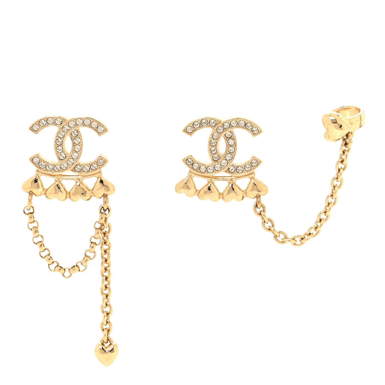 Chanel Metal Crystal CC Drop Heart Link Earrings Gold 1 of 5