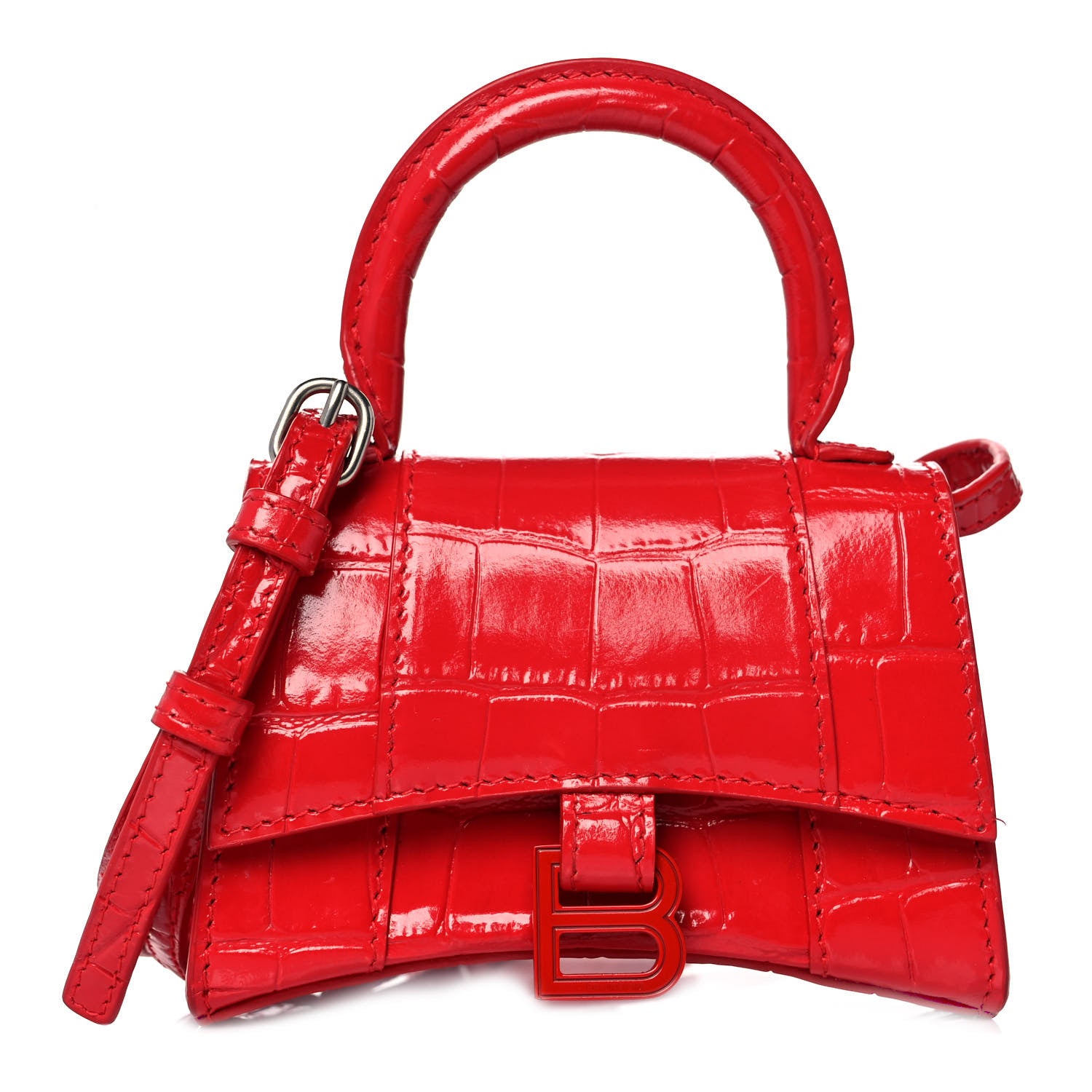 Balenciaga Shiny Calfskin Tonal B Crocodile Embossed Hourglass Top Handle Bag Mini Bright Red 1 of 9