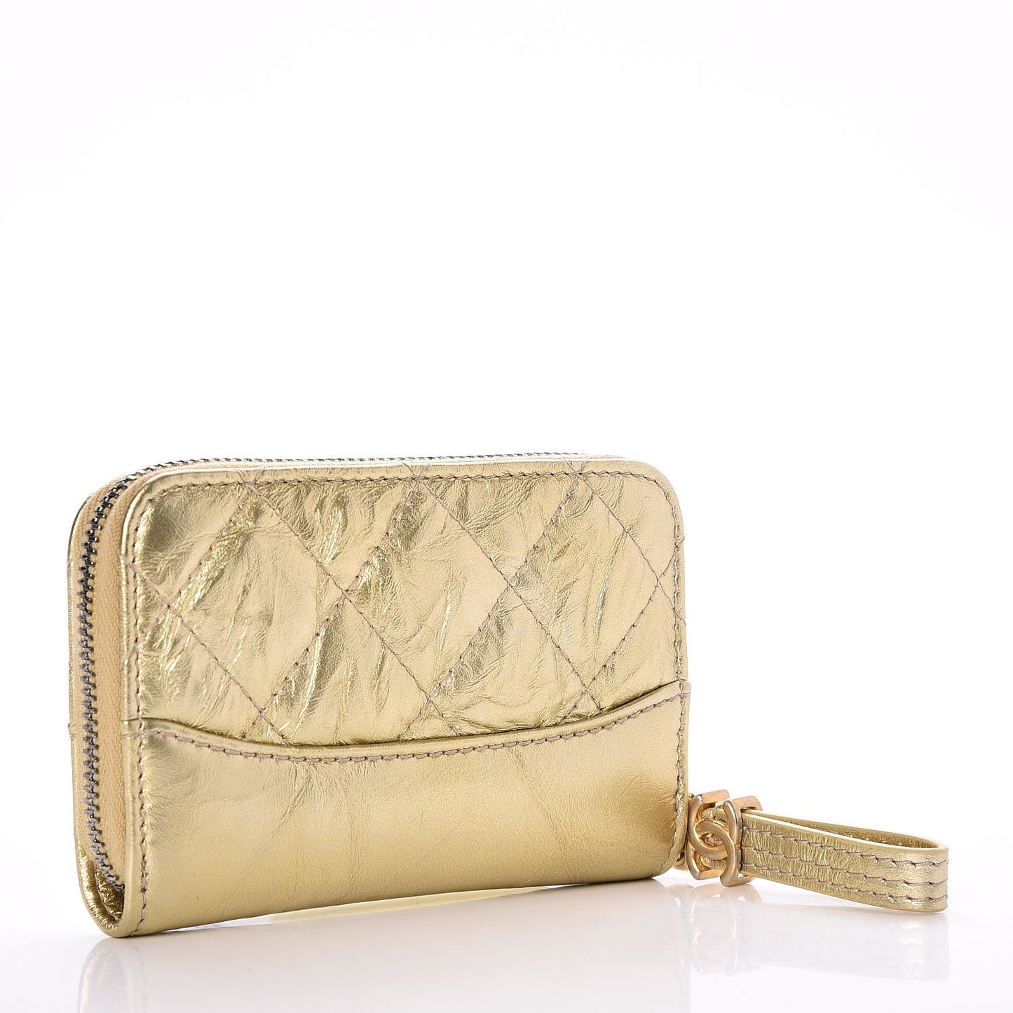 Aged Calfskin Quilted Gabrielle Zip Around Coin Purse Wallet Gold