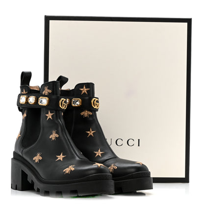 Gucci Calfskin Bee Star Embroidered Belt Ankle Boots 38 Black 12 of 12