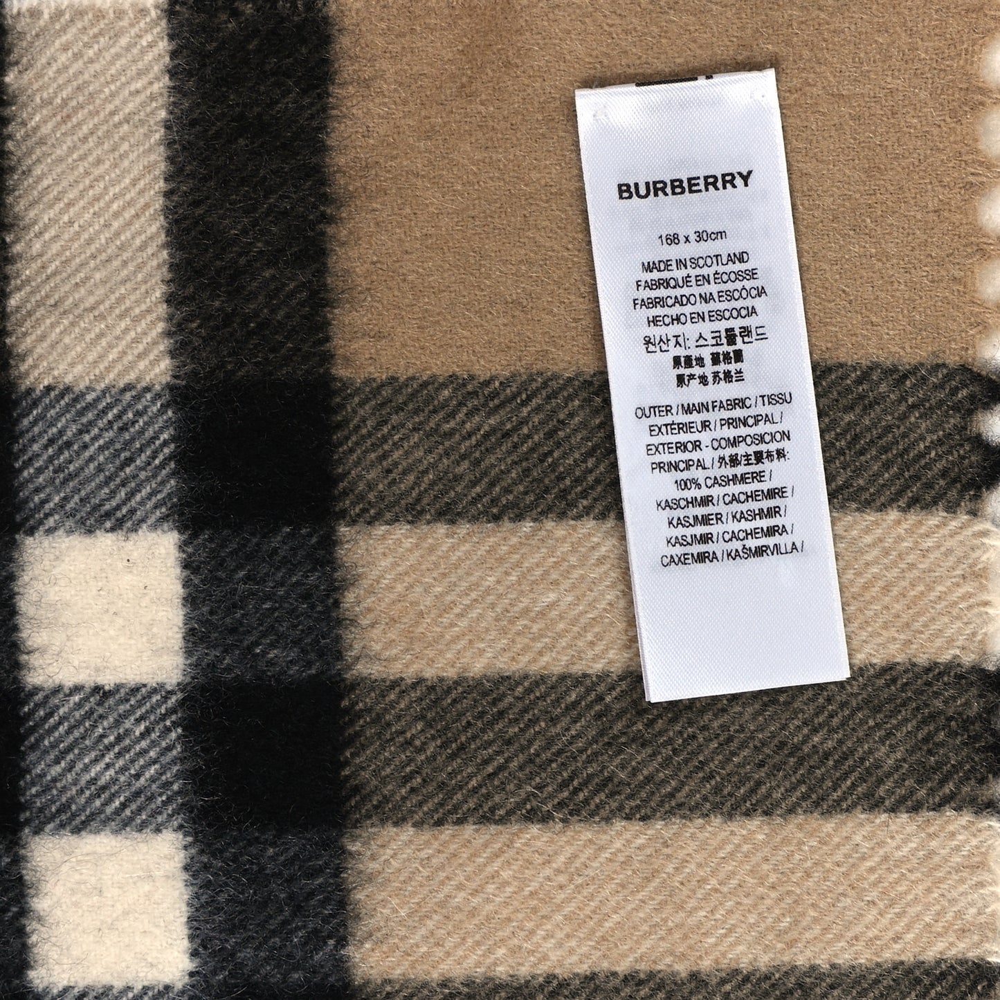 Cashmere Giant Check Fringe Scarf Camel