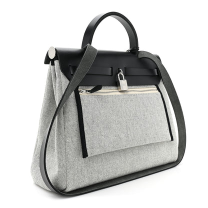 Hermes H Plume Canvas Vache Hunter Circuit Rider Hobnailed Herbag Zip Retourne 31 PM Black Ecru 4 of 11