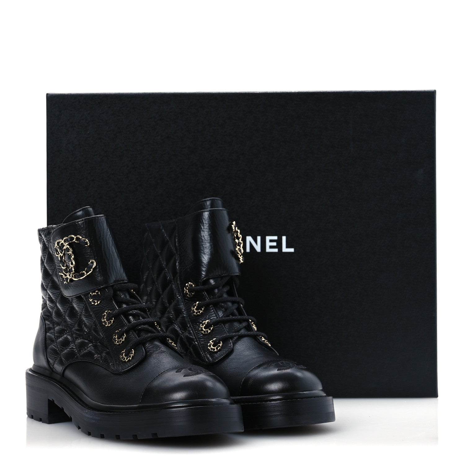 Chanel Shiny Calfskin Quilted Lace Up Combat Boots 37 Black 9 of 9