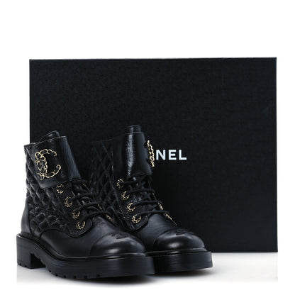 Chanel Shiny Calfskin Quilted Lace Up Combat Boots 37 Black 9 of 9