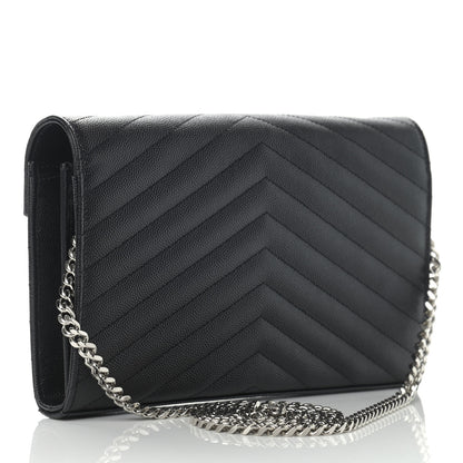 Saint Laurent Grain De Poudre Matelasse Chevron Monogram Chain Wallet Black 3 of 11