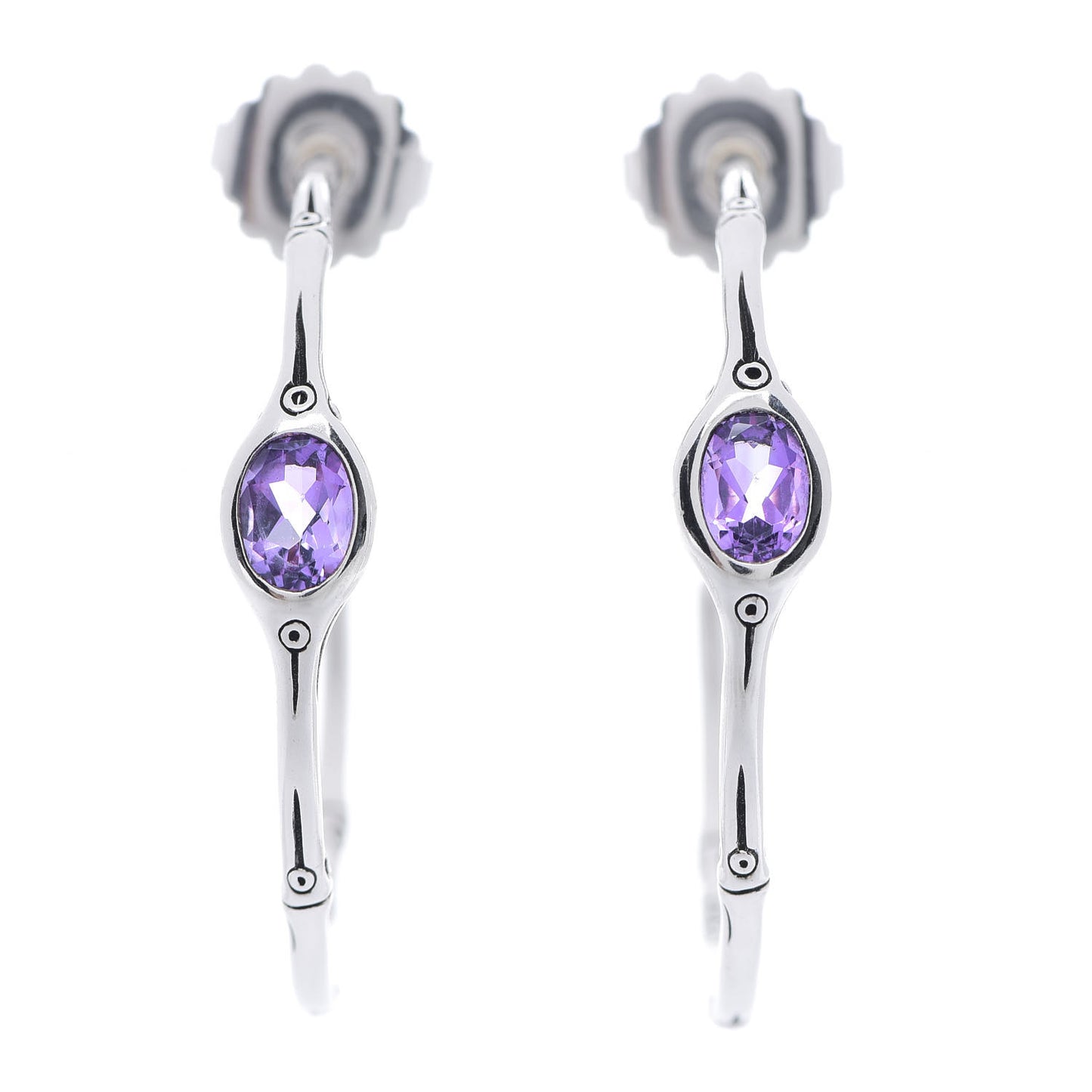 Sterling Silver Amethyst Bamboo Hoop Earrings
