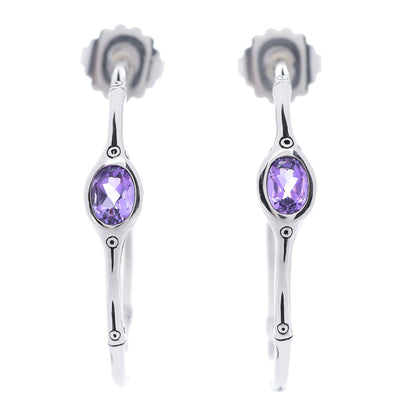 John Hardy Sterling Silver Amethyst Bamboo Hoop Earrings 1 of 5