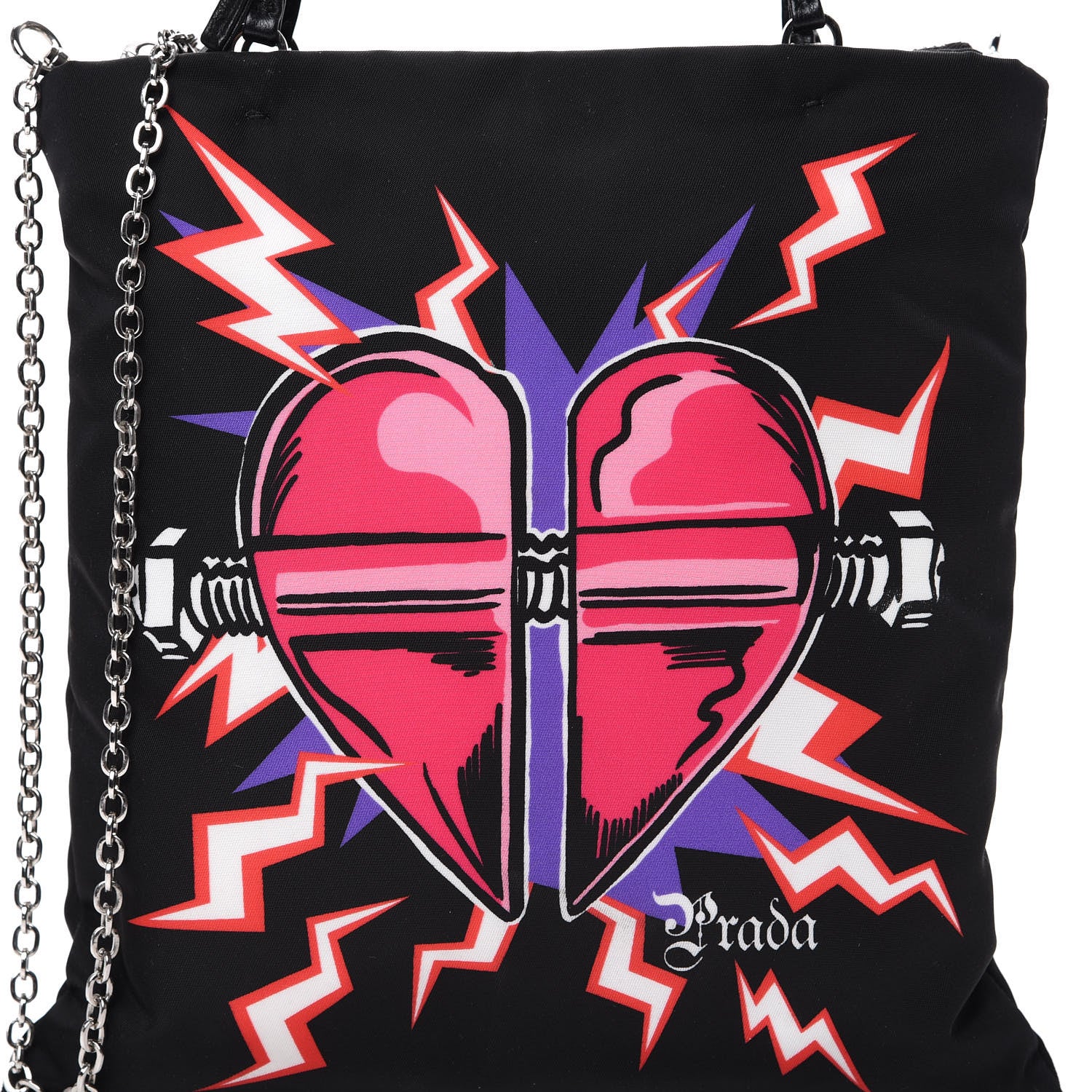 Prada X UNIVERSAL STUDIOS Tessuto Nylon Soft Calfskin Frankenstein Heart Chain Shopping Tote Black 7 of 11