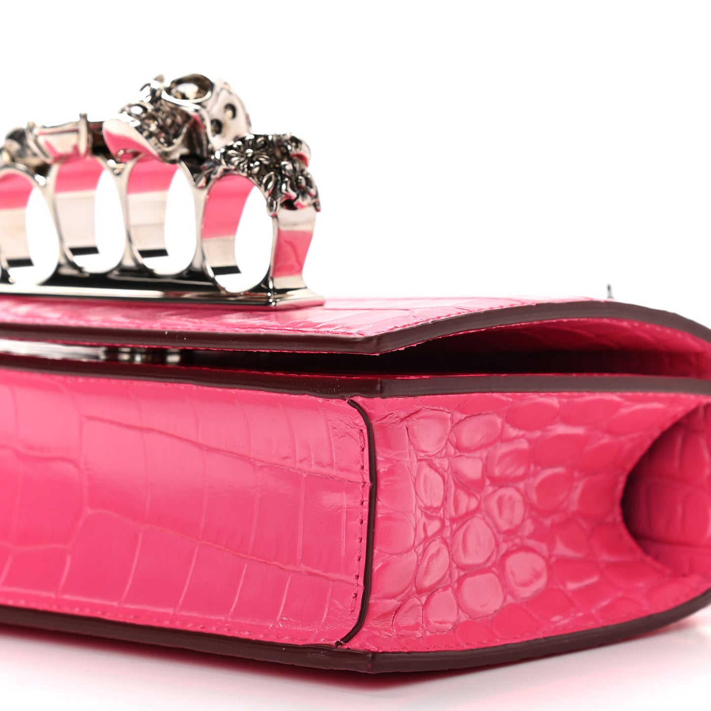 Shiny Crocodile Embossed Jeweled Satchel Peony Pink