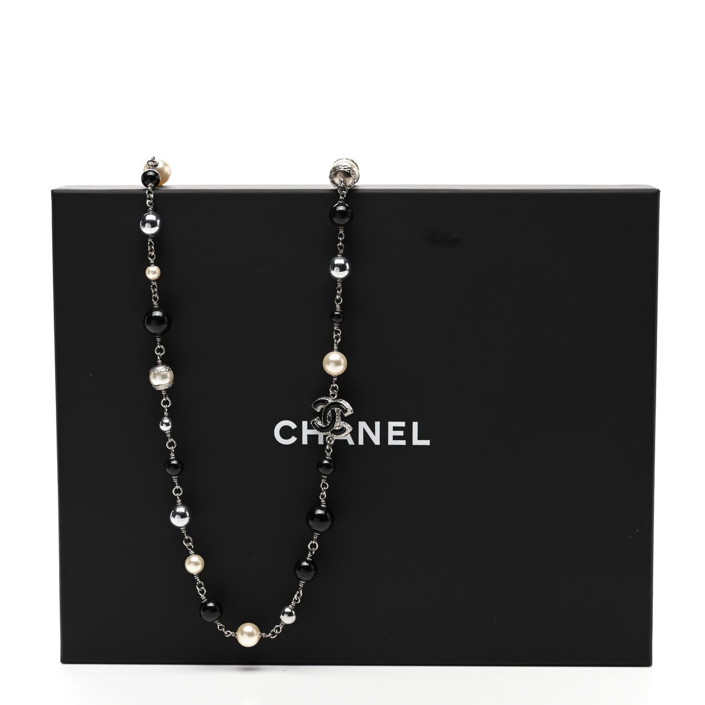 Pearl Bead Enamel CC Baroque Long Necklace Black Silver