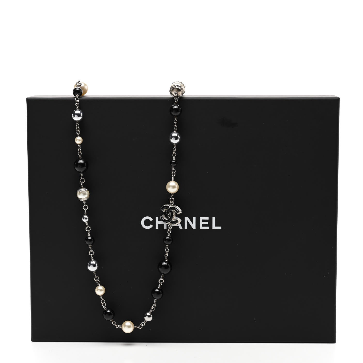 Chanel Pearl Bead Enamel CC Baroque Long Necklace Black Silver 3 of 5