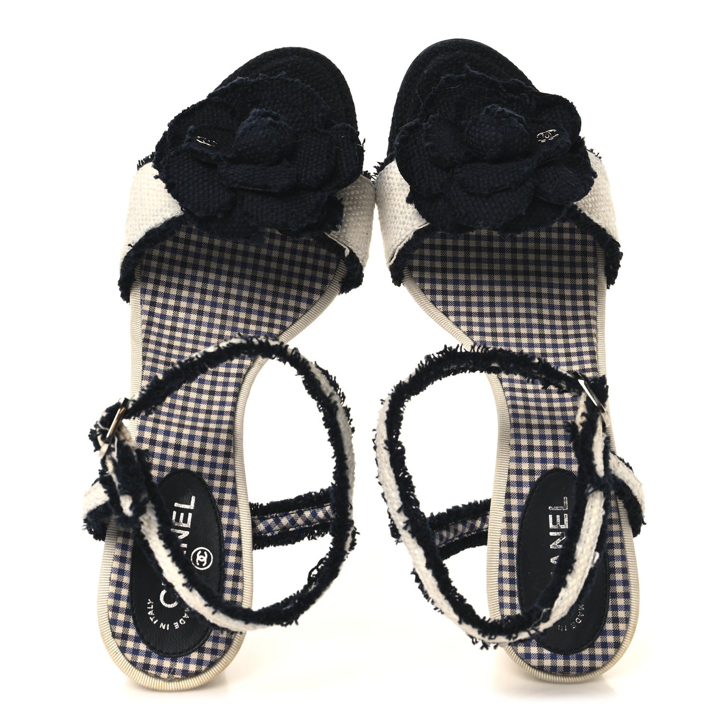 Tweed Camelia CC Block Heel Sandals 38 Ecru Black