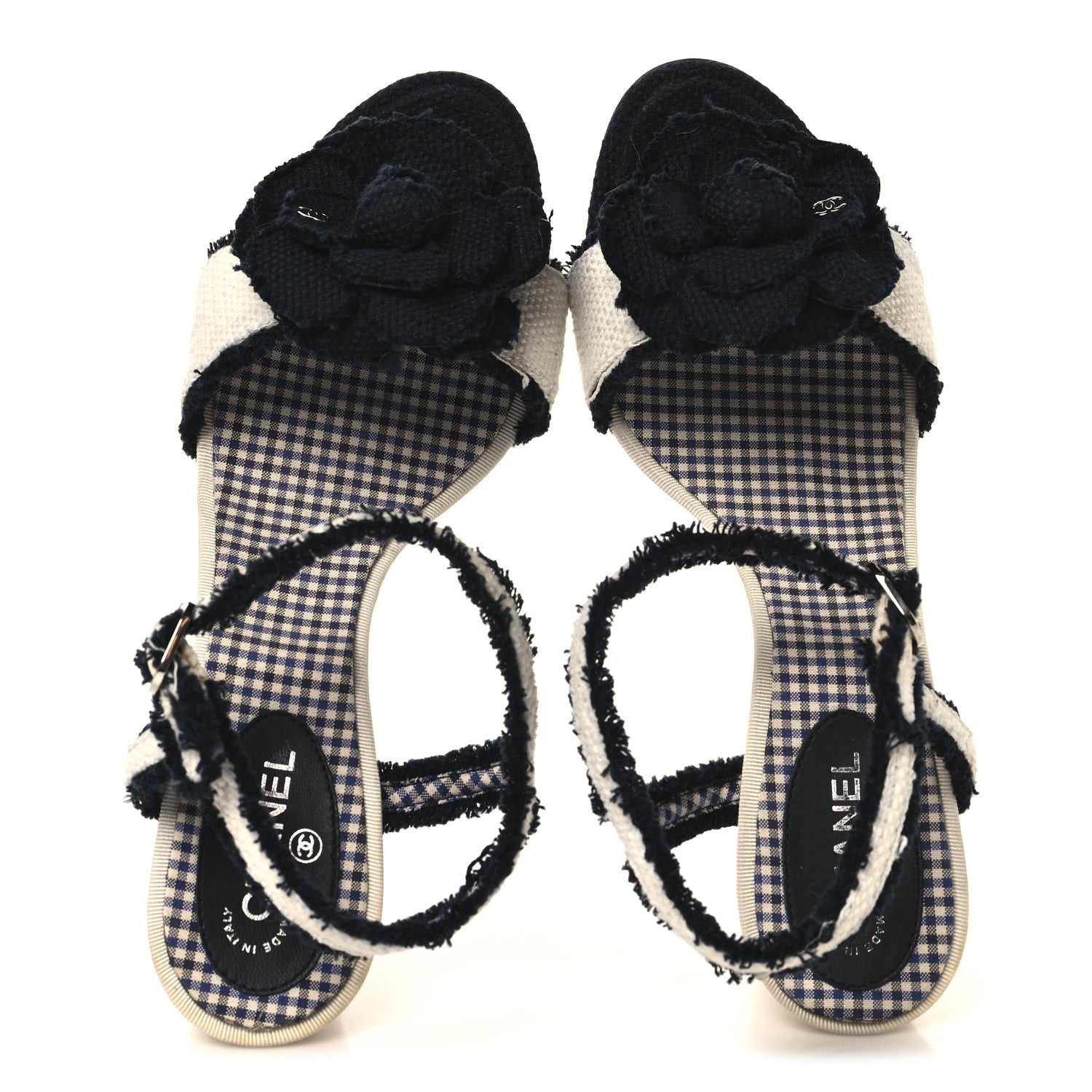 Chanel Tweed Camelia CC Block Heel Sandals 38 Ecru Black 2 of 9