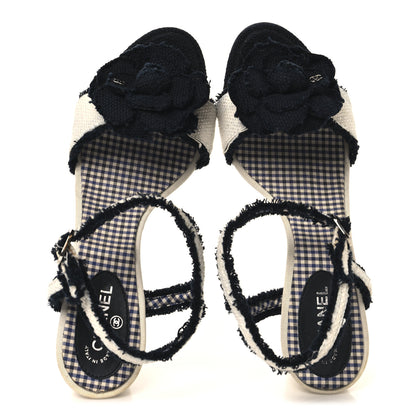 Chanel Tweed Camelia CC Block Heel Sandals 38 Ecru Black 2 of 9
