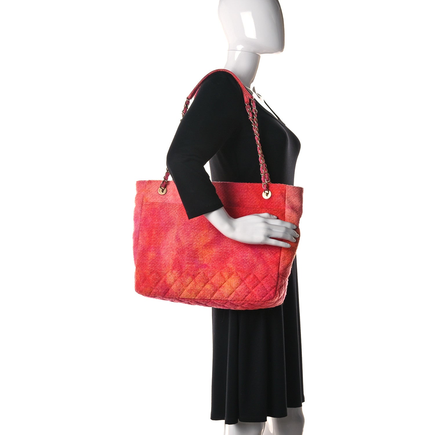 Chanel Tweed Quilted CC Shopping Tote Pink Orange 2 of 10