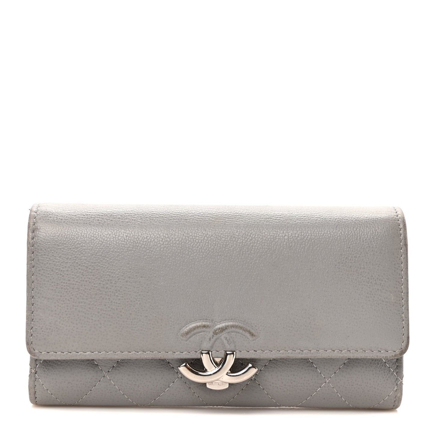 Grained Calfskin Quilted CC Box Flap Wallet Grey