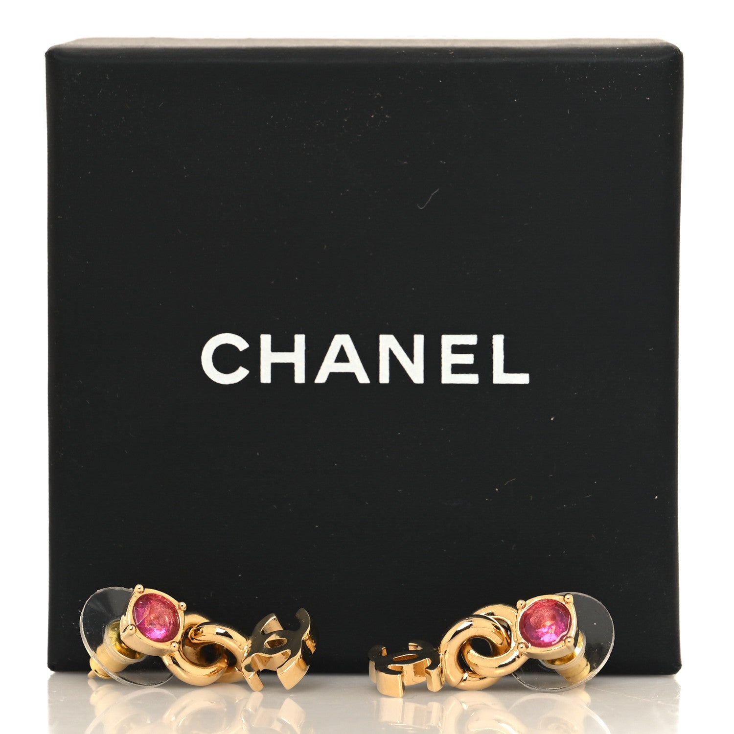 Chanel Crystal CC Drop Earrings Gold Pink 5 of 5