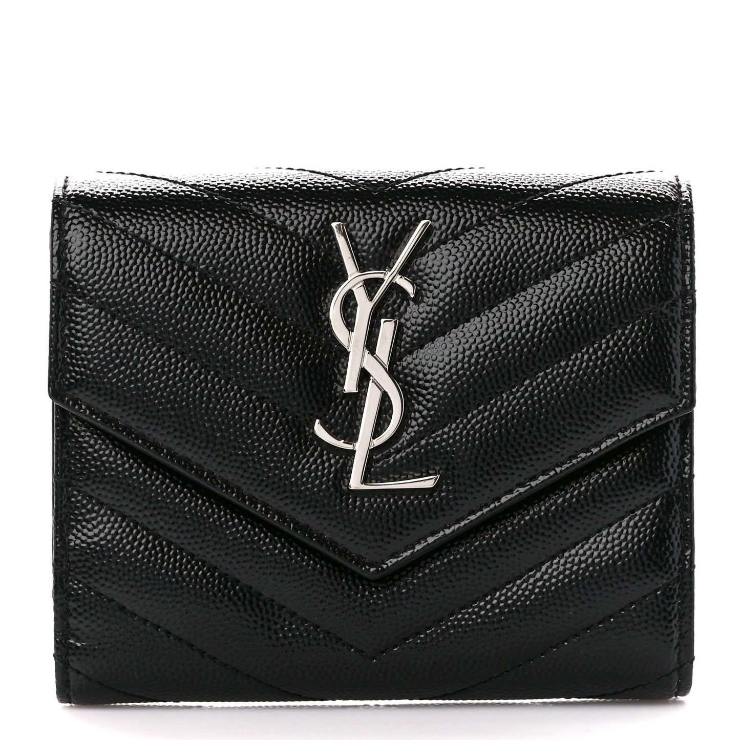 Grain De Poudre Matelasse Chevron Monogram Compact Tri Fold Wallet Black