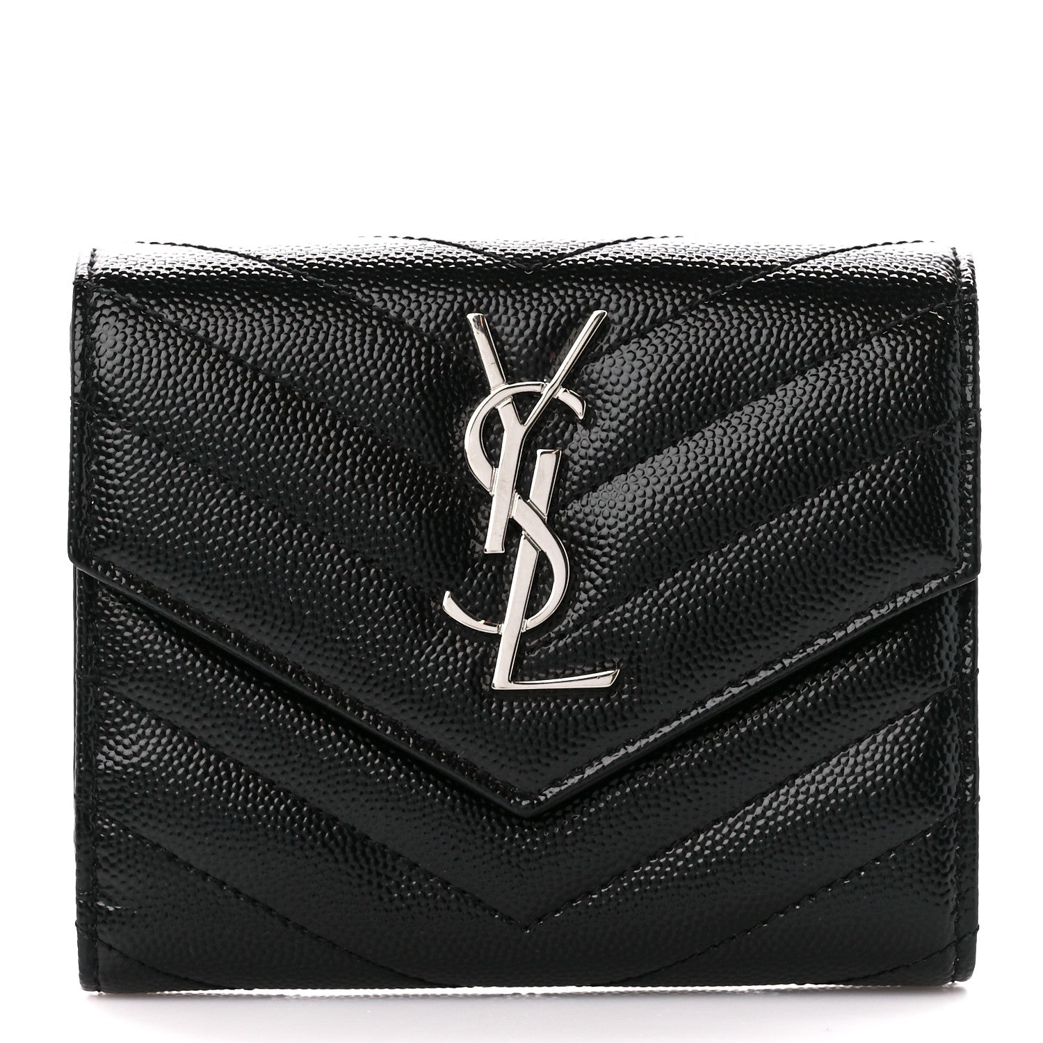 Saint Laurent Grain De Poudre Matelasse Chevron Monogram Compact Tri Fold Wallet Black 1 of 12