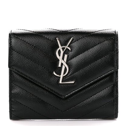 Saint Laurent Grain De Poudre Matelasse Chevron Monogram Compact Tri Fold Wallet Black 1 of 12