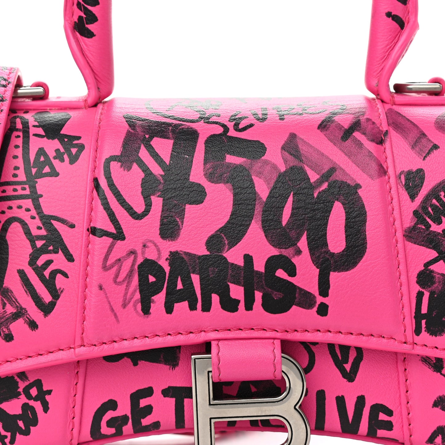 Smooth Calfskin Graffiti Hourglass Top Handle Bag XS Acid Fuchsia Black