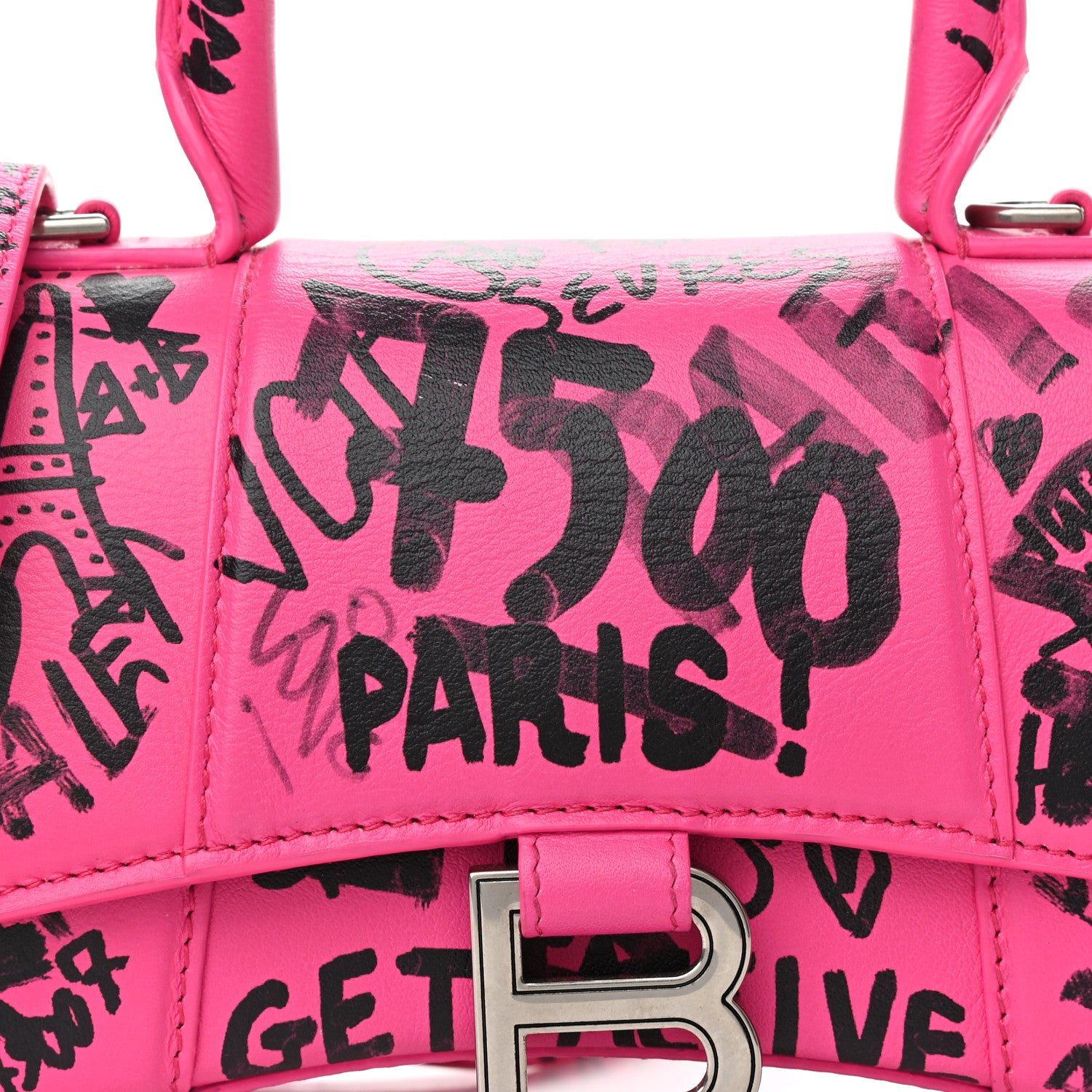 Balenciaga Smooth Calfskin Graffiti Hourglass Top Handle Bag XS Acid Fuchsia Black 6 of 9