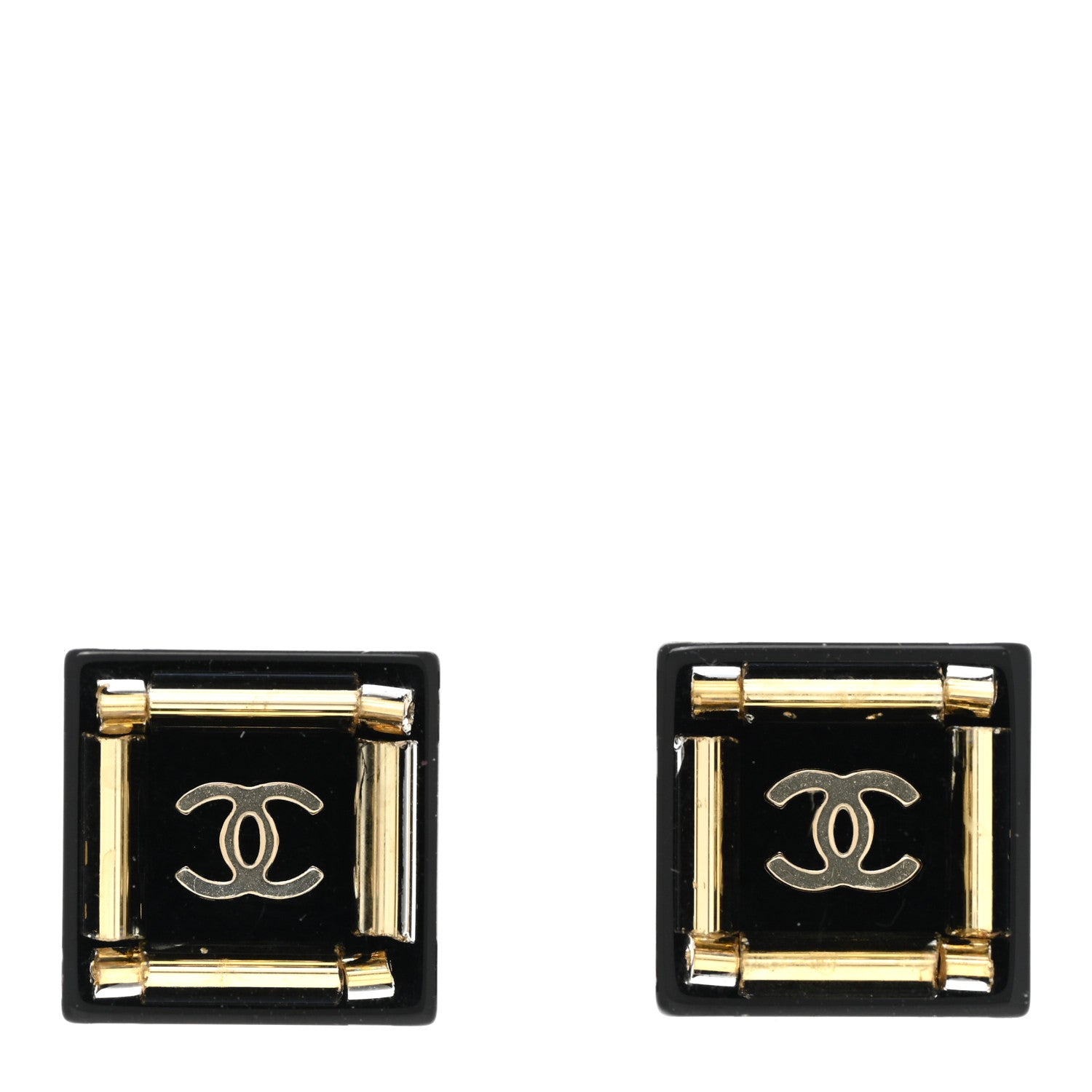 Chanel Resin Square CC Earrings Black Gold 1 of 4