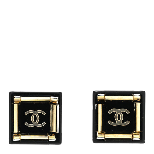 Resin Square CC Earrings Black Gold