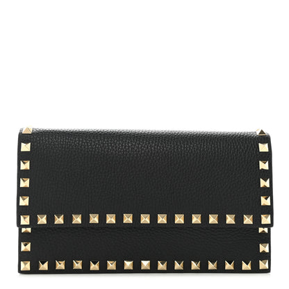 Valentino Garavani Pebbled Calfskin Rockstud Flap Wallet On Chain Black 1 of 5